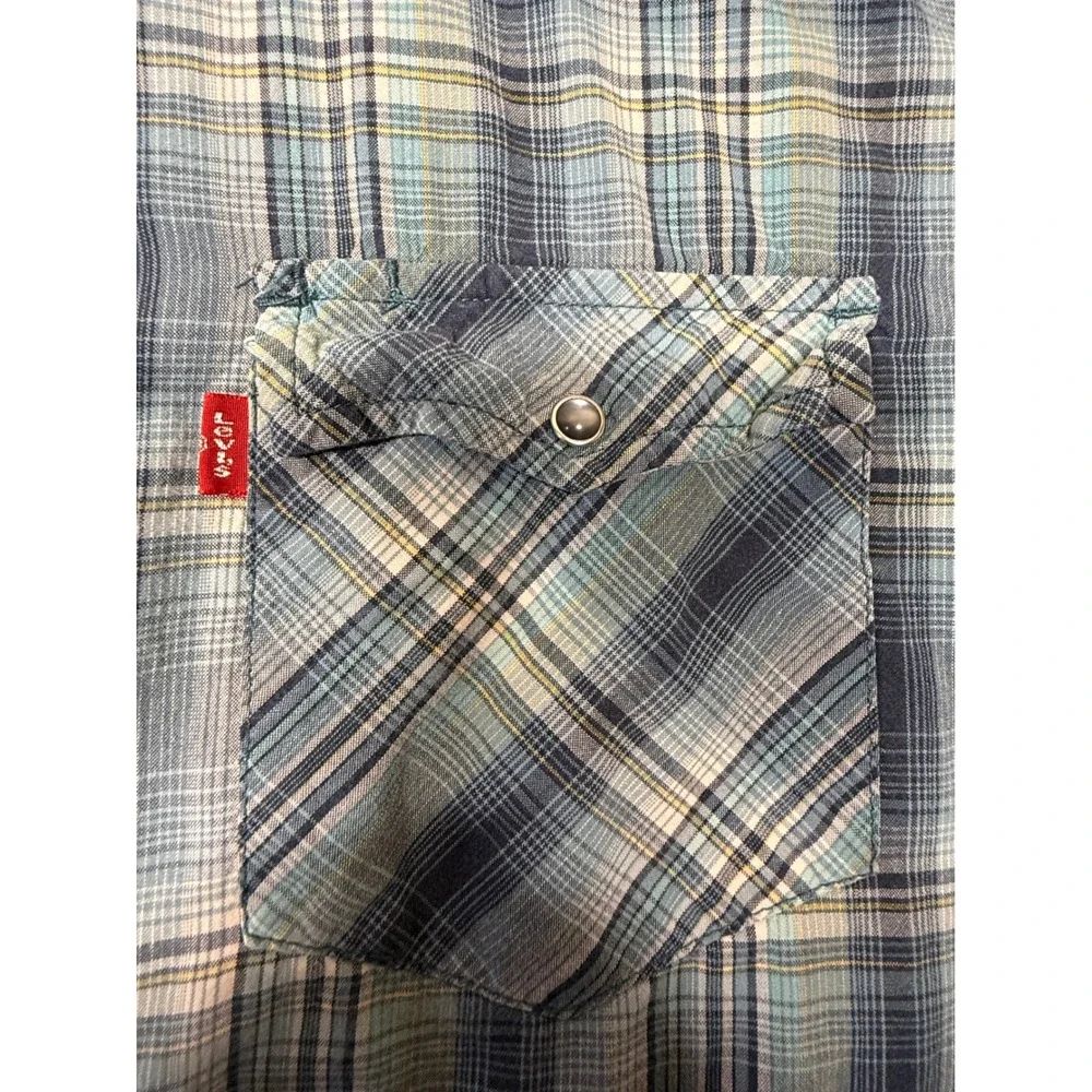 Levis Mens Blue Plaid Short Sleeve Western Pearl Snap Shirt Large L Cotton